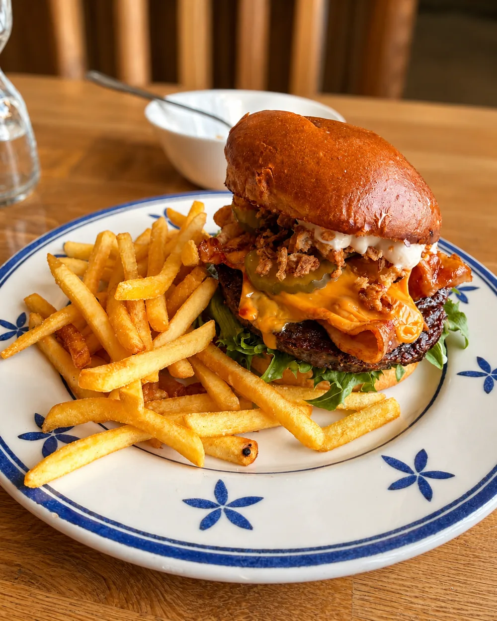 Hamburgare med ost, bacon och pommes